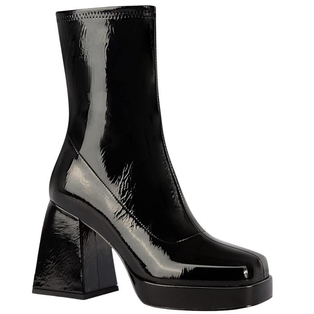 Ann Creek Patent Block Heel Square Toe Platform Stretch Shaft Ankle Boots